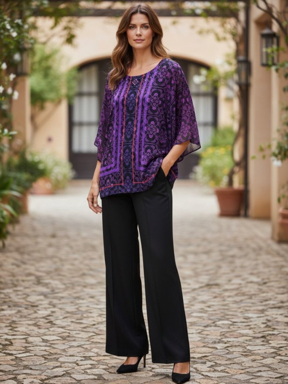 Style & Co Purple Floral Sheer Tunic Blouse Large Embellished Top